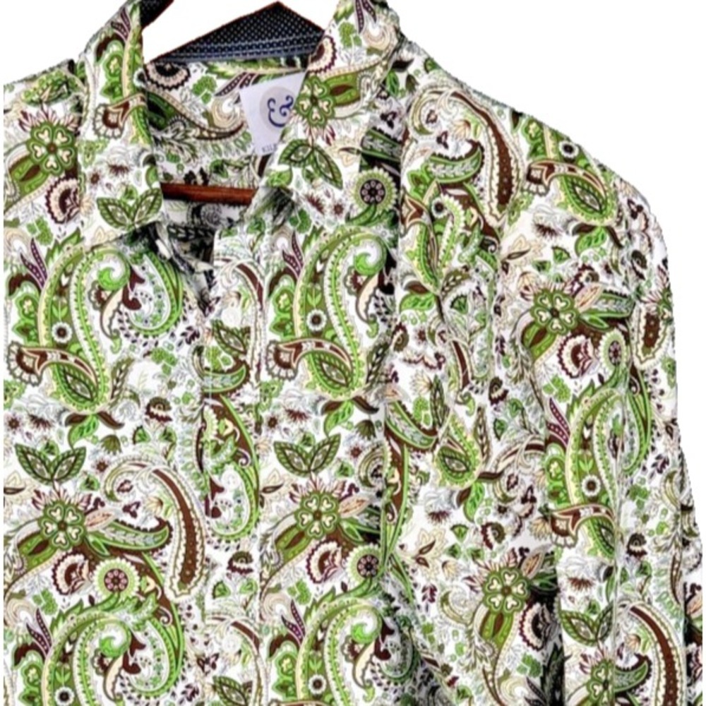 Kilburne Finch Paisley Button Up Shirt Mens XL Green Long Sleeve Casual Stretch